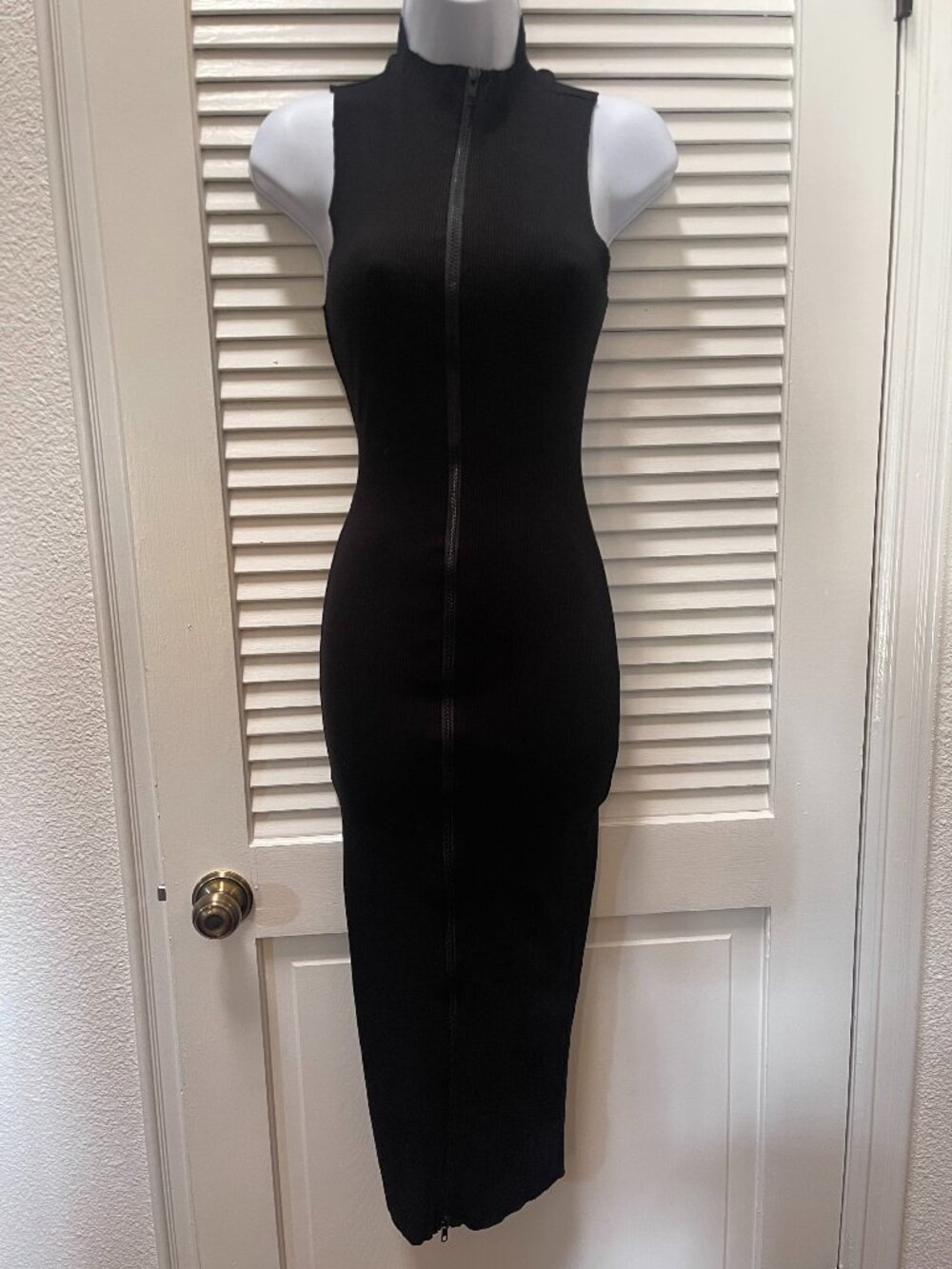 Naked Wardrobe Black Ribbed Zip Front Bodycon Maxi Dress
